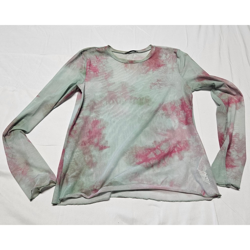 Zara Mesh Top Women Medium Green Pink Tie Dye Sheer Long Sleeve Y2K Indie